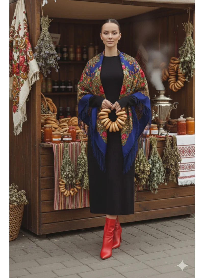 Bidani Pavlovo Posad Style Shawl – Sapphire Bloom